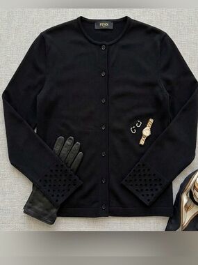 FENDI Black Knit Cardigan with Eyelet Cuff Detail - IT 46 / US 10